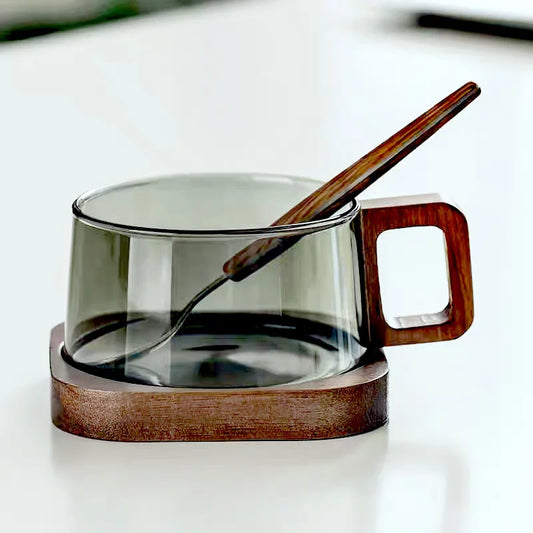 Coffee Set: 1 x Glass Cup with Handle, Spoon, and Tray